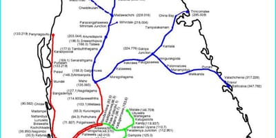 Шры-Ланка чыгуначнай сеткі на карце